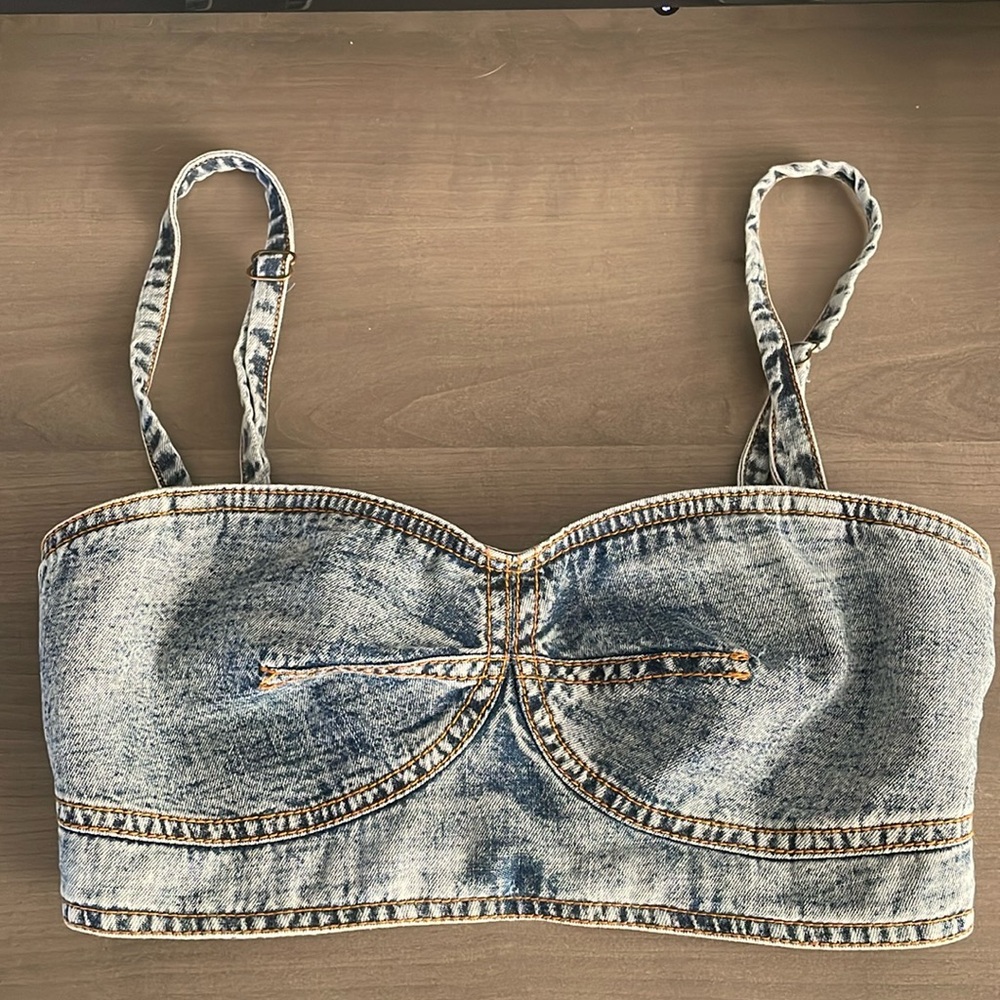 Anthropologie Denim Corset Top Bra Crop Bralette Bustier Removable Straps size 2